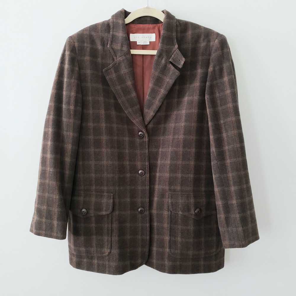 VTG 111 State Wool Cashmere Blend Brown Plaid Blazer Size 14 Academia Heritage